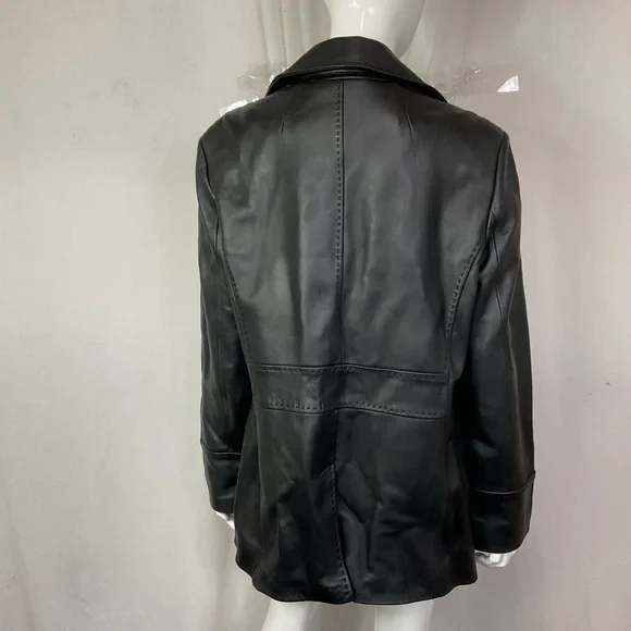 Calvin Klein Black Women's Snap Button Zip Genuine Leather Jacket Size L